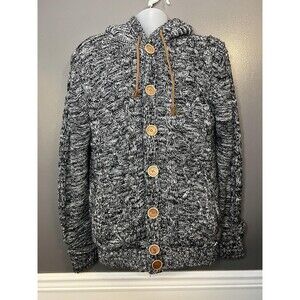 American Stitch Sweater Mens Medium Black White Hooded Fleece Lined Button Up